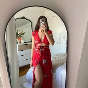 Isalis red floral two piece skirt set